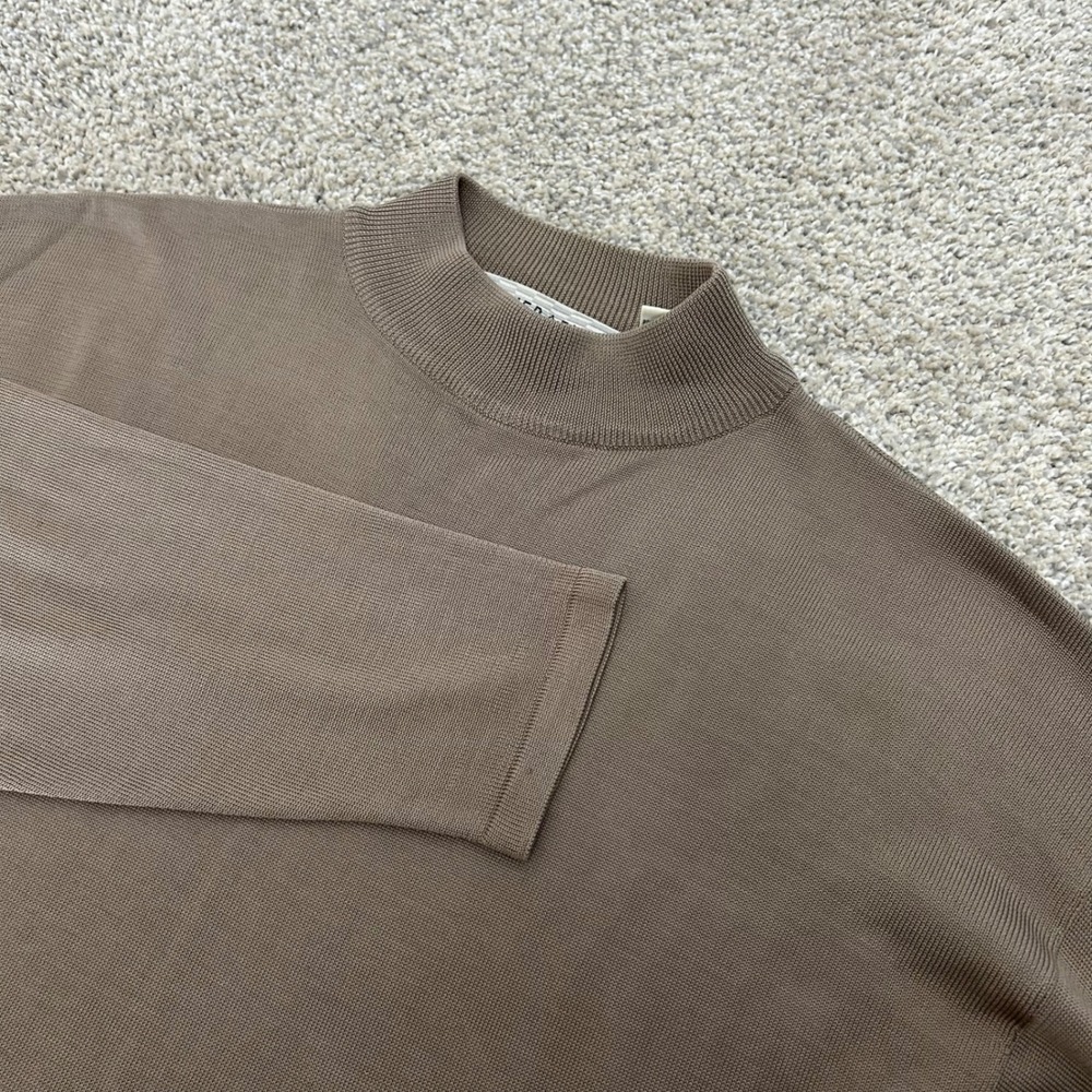 Jhane Barnes Mock Neck Sweater Large Taupe Brown 100% Silk Long Sleeve Mens